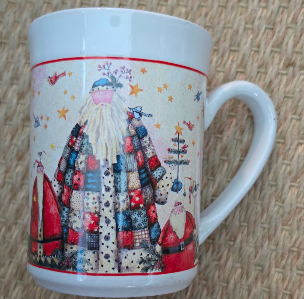Vintage 2004 Gibson Ceramic Coffee Mug Debi Hron Santa Patchwork Microwave Safe